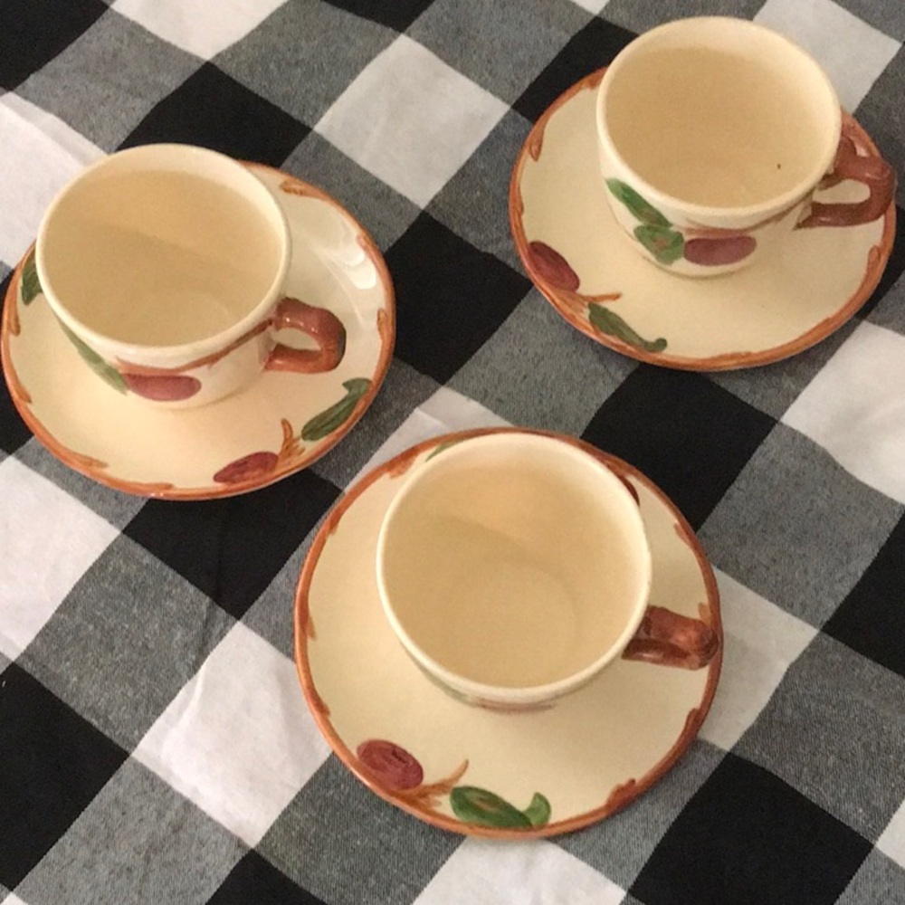 Three Franciscan cups and saucers apple pattern earthenware